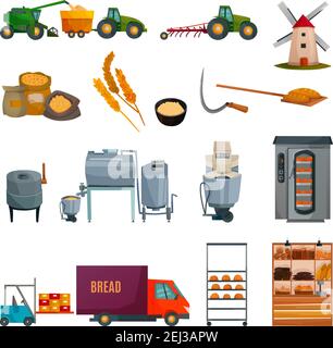 Bread production set with growing cereals, harvesting, bakery equipment, flour products delivery, shop shelves isolated vector illustration Stock Vector