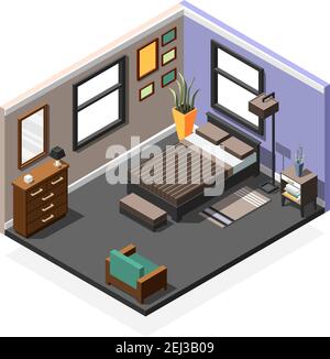 Isometric interior composition of single bedroom with queen bed furniture and two windows in separate walls vector illustration Stock Vector