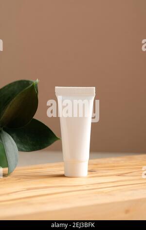 Blank white plastic cosmetics tube and green leaf on wooden board. Skincare, beauty treatment, spa concept. Stock Photo