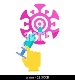 Syringe with dose of vaccine hits the center of the target. Stock Vector