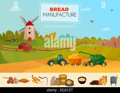 Bread manufacture poster with cereal harvesting on natural landscape background, icons set with flour products vector illustration Stock Vector