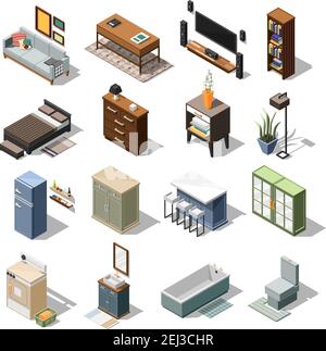 Isometric interior icons collection with sixteen isolated images of residential domestic furniture cabinets tables and beds vector illustration Stock Vector