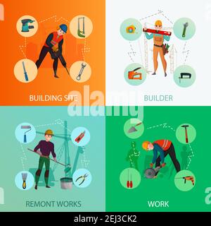 Builders design concept including construction site, repair works with professional tools and materials isolated vector illustration Stock Vector