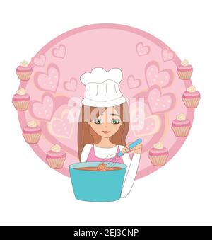 Cartoon of smiling woman in kitchen mixes the dough Stock Vector