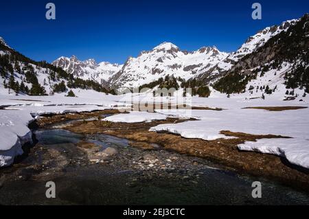 Winter views of Ibon d'Estan lake and Plan d'Estan prairie in Benasque Valley (Aragon, Spain, Pyrenees) Stock Photo