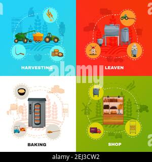 Bread production concept with cereal harvesting, dough kneading with yeast, baking, goods delivery, shop isolated vector illustration Stock Vector