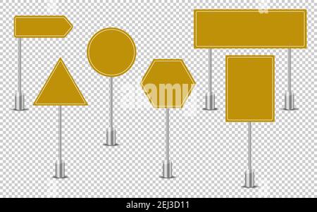 Blank traffic road sign set, empty street signs, yellow isolated on transparent background, vector illustration. Stock Vector
