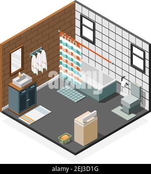 Home toilet interior isometric composition with toilet bowl sink with ...