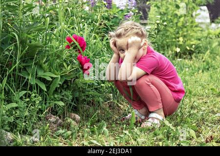 A little girl holding her head in thought, sitting by a flower bed in the garden of pink peonies. Stock Photo