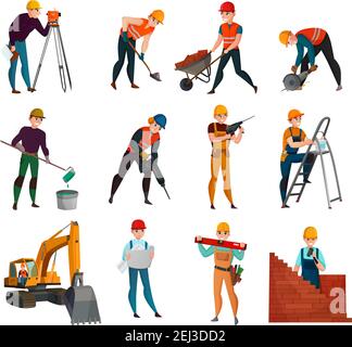 Set of construction workers in safety vests and helmets with working tool and materials isolated vector illustration Stock Vector