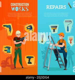 Set of vertical banners with workers and building tools for construction site and repairs isolated vector illustration Stock Vector