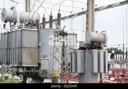 Power Transformer. Peterson coil. High voltage substation. Stock Photo