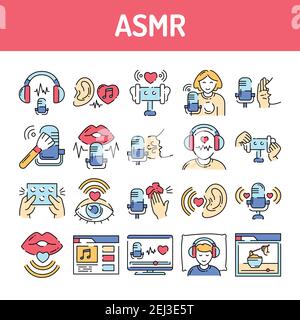 Asmr color line icons set. Autonomous sensory meridian response, sound waves as a symbol of enjoying sounds, whisper and music. Signs for web page, mo Stock Vector