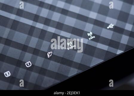 Router Wi-Fi close up. Fast internet modem device. Wireless or wired network Stock Photo