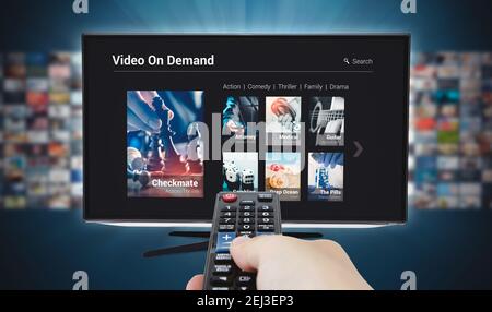 VOD - Video On Demand service. Television streaming, TV broadcast. Stock Photo