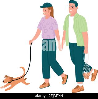 Happy couple walking dog flat color vector detailed characters Stock Vector