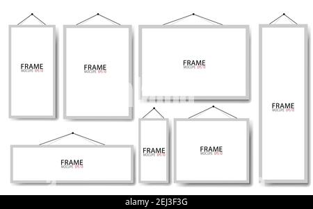Realistic hanging on a wall blank grey picture frames collection. Modern poster mockup. Empty photo frame. Vector illustration. EPS 10 Stock Vector
