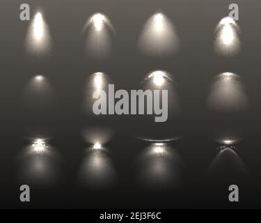 Set of light effects from various artificial lamps of white color on black background isolated vector illustration Stock Vector