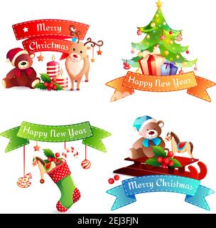 New year cartoon concept with greeting on stitched ribbon, christmas tree, gifts, animals, baubles isolated vector illustration Stock Vector