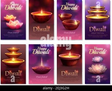 Diwali celebration vertical cards with burning letterings and festive oil lamps on blurred background isolated vector illustration Stock Vector