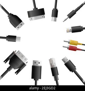 Realistic cable connectors background with round composition of computer audio video and data transfer wire plugs vector illustration Stock Vector