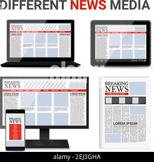 Different news media set with event information on electronic devices screens and in newspaper isolated vector illustration Stock Vector