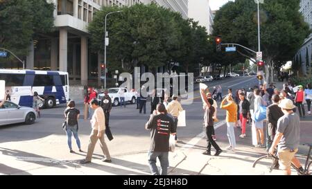 LOS ANGELES, CALIFORNIA, USA - 30 OCT 2019: People strike near Hall of Justice. Protest picket in front of Sheriff's Department and Courthouse. Demons Stock Photo