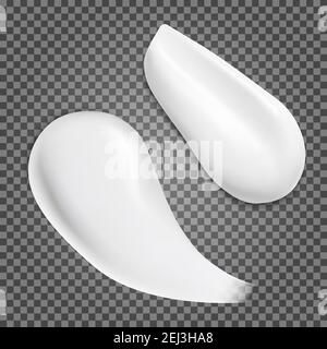 Cosmetic cream texture. White lotion smear, vector, isolated on transparent background. Skin gel stroke swatch, fluid facial milk drop, brush splash e Stock Vector