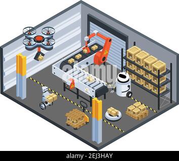 Automatic logistics delivery facility isometric composition with drone conveyor belt and robotic arm sorting parcels vector illustration Stock Vector