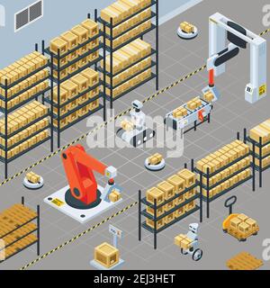 Automatic logistics solutions in warehouse facility isometric background with robotic arm gripping and placing packages vector illustration Stock Vector