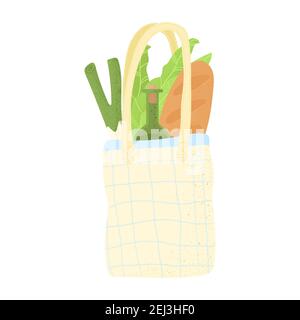 Eco bag with nature goods from local grocery.  Hand drawn elements of zero life waste in cartoons style vector. Eco style. No plastic. Go green Stock Vector