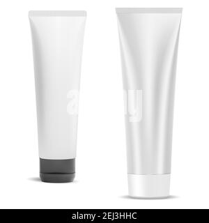Cosmetic cream tube blank, vector plastic package isolated on white. Beauty gel container mockup with cap. Toothpaste product packaging. Realistic fac Stock Vector