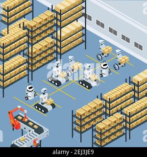 Automated logistics warehouse storage facility isometric composition with unmanned robots sorting moving and placing parcels vector illustration Stock Vector