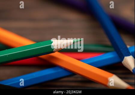 A few colored pencils. Close-up, selective focus Stock Photo