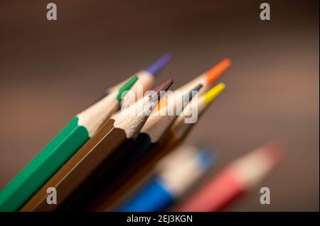 A few colored pencils. Close-up, selective focus Stock Photo