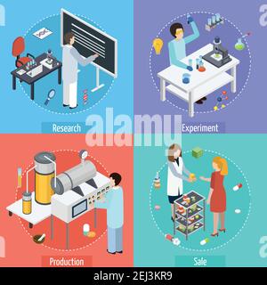 Pharmaceutical production concept 4 isometric icons square with scientific research tests manufacturing and sale isolated vector illustration Stock Vector