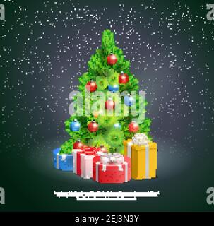 Gift boxes under christmas tree decorated by colored balls on night snowflake background realistic vector Illustration Stock Vector