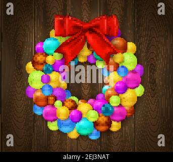 Festive  background with fragment of wooden door decorated by wreath made of colorful christmas balls and red bow realistic vector Illustration Stock Vector