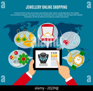 Jewelry online shopping composition with gadget in hands, female and male decorations on blue background vector illustration Stock Vector
