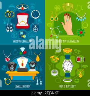 Jewelry design concept including wedding accessories, gold and silver decoration, mens valuables, shop isolated vector illustration Stock Vector