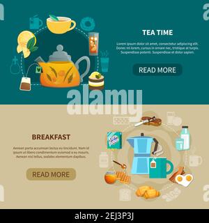 Horizontal banners with tea time and breakfast isolated on green and beige background flat vector illustration Stock Vector