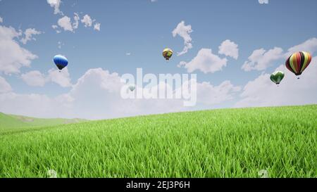 Hot air balloons Beautiful nature grass landscape clear air 3d render Stock Photo