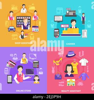 Salesman design concept with four round compositions of silhouette icons and flat images of shopworkers and items vector illustration Stock Vector