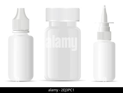 Nasal spray bottle. Pill bottle container blank mockup. Medical aerosol jar, nose sprayer dispenser template. Eye drug dropper mock up, small dose. Em Stock Vector