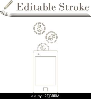Golden Coins Fall In Smartphone Icon. Editable Stroke Simple Design. Vector Illustration. Stock Vector
