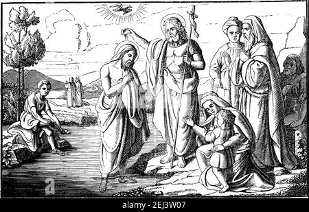 John the Baptist baptizing Jesus Christ in River Jordan. Vintage antique drawing. Bible, New Testament, Matthew 3. Stock Vector