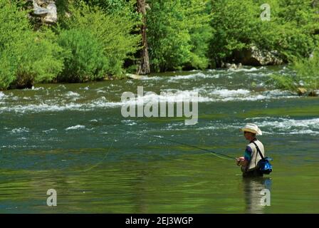 Angler fishing at Kern River, Sierra Nevada, California, USA Stock Photo