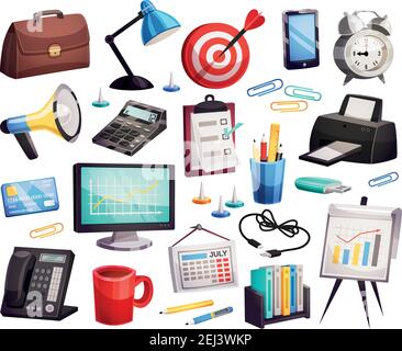 Business office accessories attributes symbols big icons collection with planner target clock briefcase  telephone isolated vector illustration Stock Vector