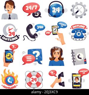 Call contact and customer support centers hotline 24 hours services colorful symbols icons collection isolated vector illustration Stock Vector