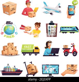 Worldwide express delivery shipment tracking and courier services icons collection with transportation operators parcels isolated vector illustration Stock Vector